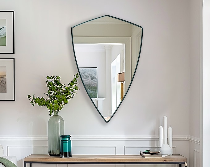 Heraldic Mirror | Regal Vanity Wall Mirror | Shield Mirror for Powder Rooms, Entryways, and Living Spaces | Elegant Mirror for Home Decor