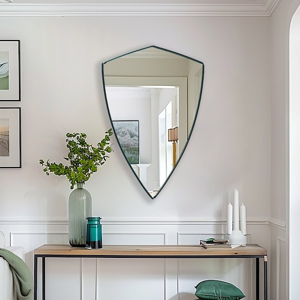 Heraldic Mirror | Regal Vanity Wall Mirror | Shield Mirror for Powder Rooms, Entryways, and Living Spaces | Elegant Mirror for Home Decor