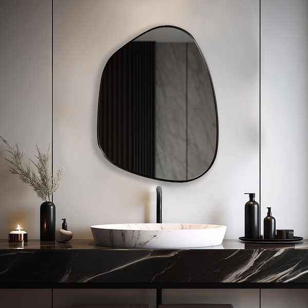 Black Framed Asymmetrical Mirror, Wall Mirror, Irregular Mirror, Wavy Mirror, Powder Room Mirror -  A Statement Piece for Your Home