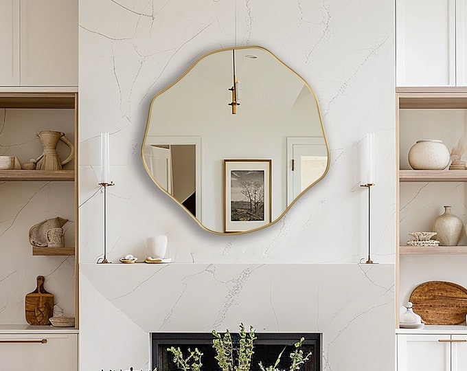 Asymmetric Circle Mirror, Unique Wall Mirror, Organic Mirror, Distinctive Round Mirror, Eccentric Mirror, Ideal over Fireplace or Consoles