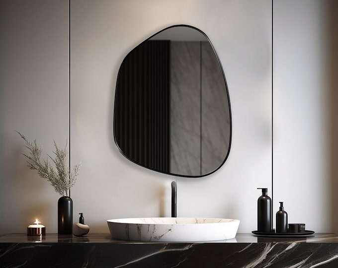 Black Framed Asymmetrical Mirror, Wall Mirror, Irregular Mirror, Wavy Mirror, Powder Room Mirror -  A Statement Piece for Your Home