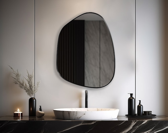 Black Framed Asymmetrical Mirror, Wall Mirror, Irregular Mirror, Wavy Mirror, Powder Room Mirror -  A Statement Piece for Your Home