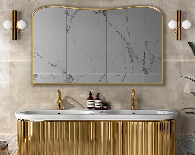 Horizon Mirror by Asmiro | Curved Top Wide Mirror | Horizontal Mirror for Double Vanity | Modern Mantle Decor | Luxury Living Room Mirror