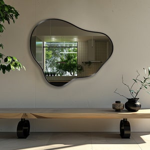 Organic Pebble Mirror with black frame finish hung on the wall of an entryway, over a bench.