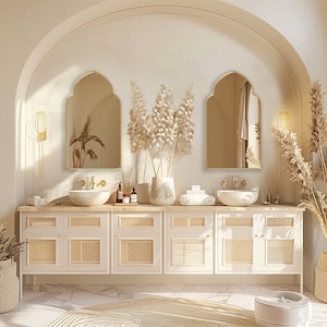 Two Accent Mirrors with gold frame finish hung on the wall of a powder room over a double vanity.