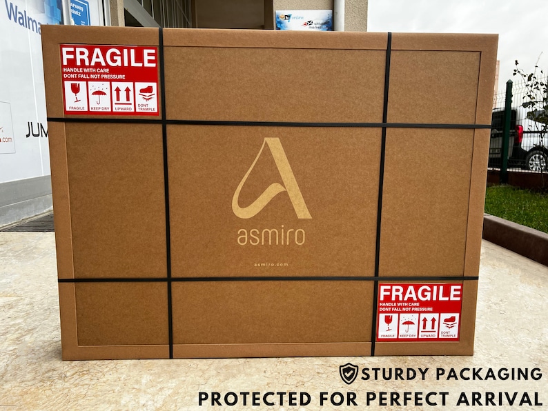 Asmiro mirror box made with honeycomb panel is standing outside of a UPS branch, ready to be shipped.