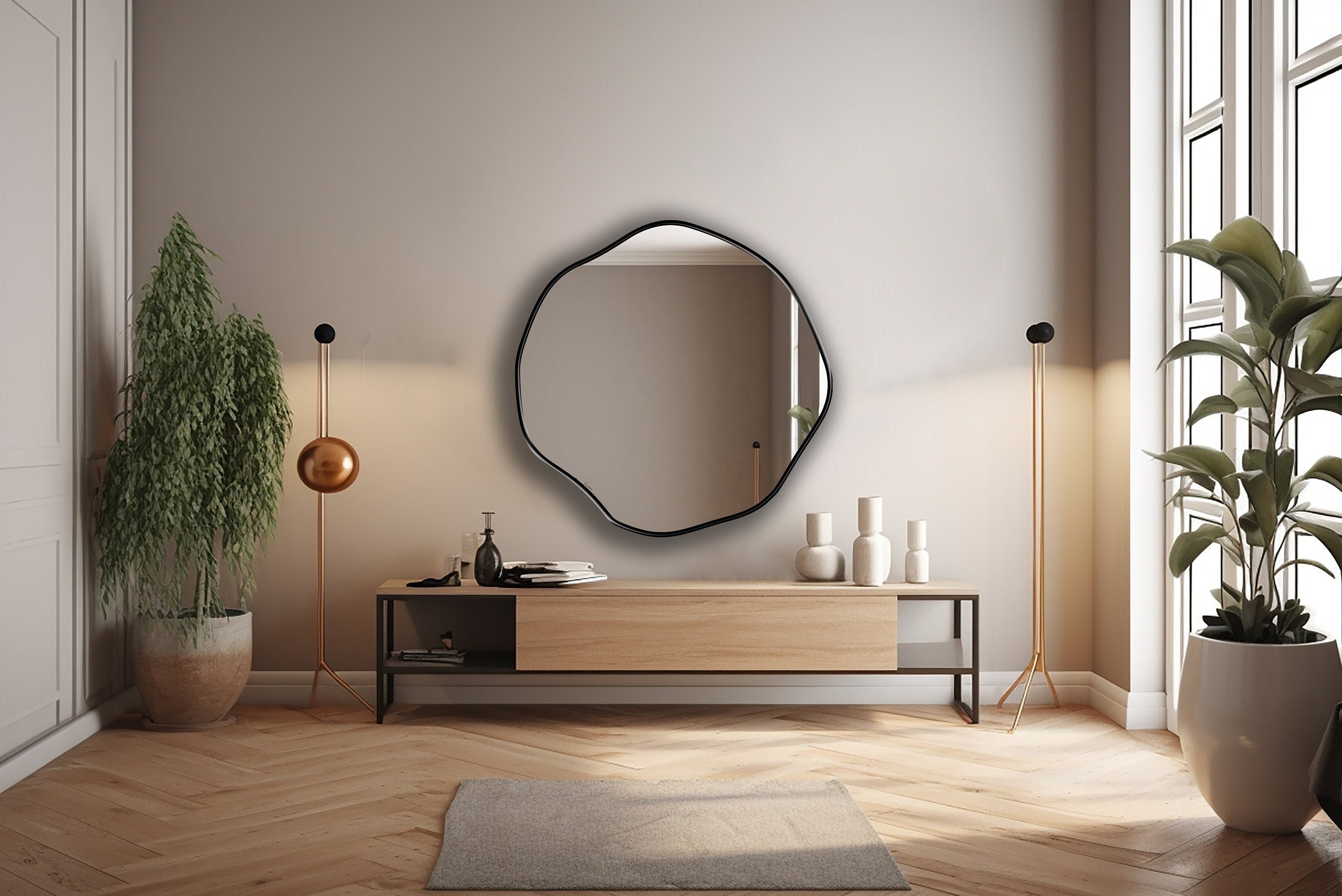 Round Wall Mirror, Circular Asymmetric Mirror, Scalloped Mirror, Glam Mirror  for Bathrooms - Round Mirror with Exquisite Asymmetry by Asmiro