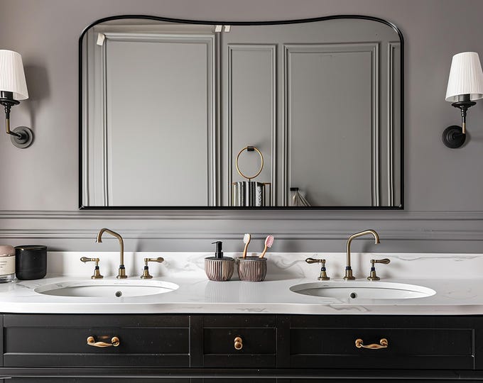 Horizon Mirror by Asmiro | Curved Top Wide Mirror | Horizontal Mirror for Double Vanity | Modern Mantle Decor | Luxury Living Room Mirror