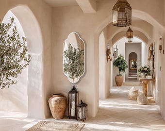 モロッコ　装飾的アーチ型壁掛けミラー モロッコ風アーチ型壁掛けミラー：華やかな金彩のイスラム美術装飾