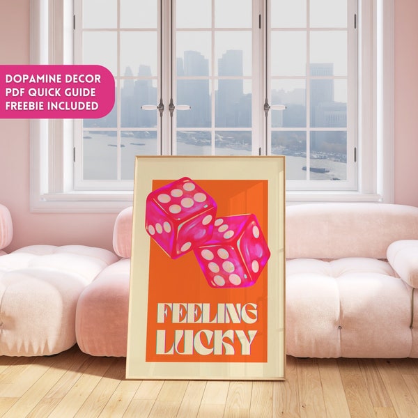 Feeling Lucky Print Y2K Dices Poster, Bright Fun Maximalist Wall Art, Lucky Girl Syndrome Dopamine Decor, Preppy Funky College Dorm Artwork