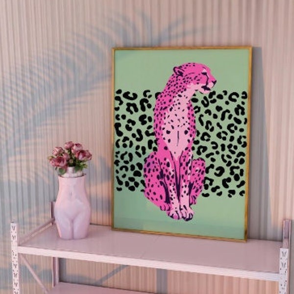Preppy Cheetah Big Cat Animal Print, Trendy Fun Maximalist Wall Art Poster, Y2K Lucky Girl Syndrome College Dorm Teen Dopamine Decor Artwork