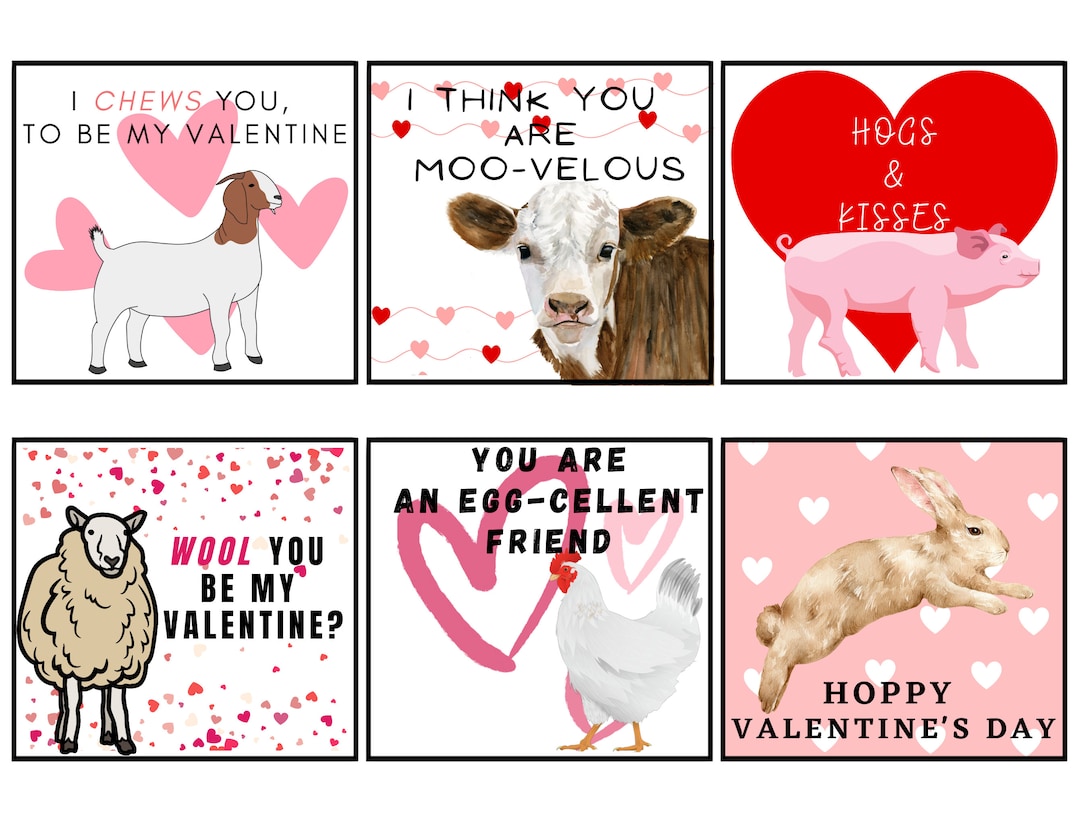 Livestock Valentine Classroom Cards Show Animals Set of 6 Etsy