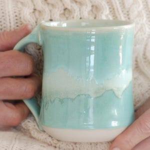 Handmade Porcelain Coffee Mug, Aqua and Microcrystalline Glazes, 14 oz