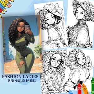17 Black Girls Fashion Coloring Book, Coloring Pages, Black Girl Outfit, Adult Coloring Pages, Digital Print, Digital Download