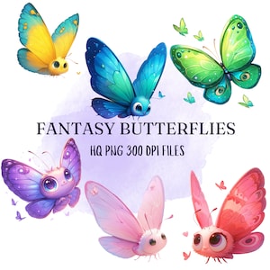 Kawaii Schmetterlinge Clipart Bundle Png, niedlich, Fantasy Schmetterlinge, digitaler Download, transparenter Hintergrund