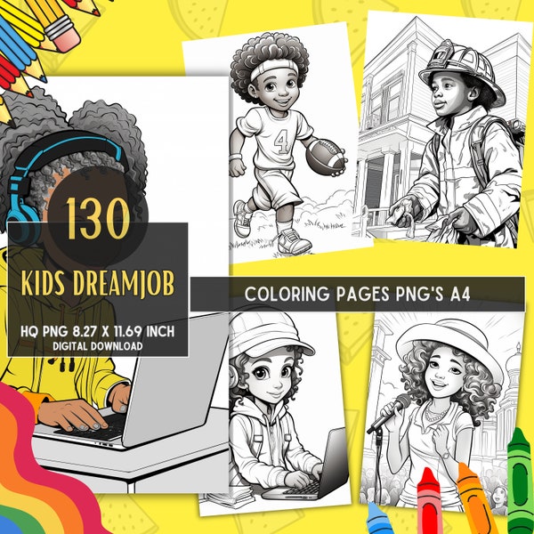 130 Black Kids Dream job Coloring Page, Black kids, Black girl and boy Coloring Book, Kids Career, Personal Use, Transparent background