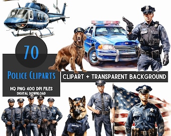 Watercolor Police Cliparts: Officer, Dog, Car, Helicopter (PNG Files)
