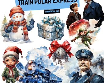 Polar Express Train Clipart Bundle: Watercolor Christmas PNG Files