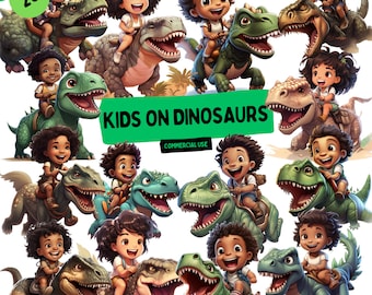 Kids Riding Dinosaurs Clipart: Watercolor PNG Bundle (Digital Download)