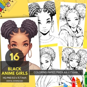 Libro da colorare per ragazze anime nere, donna nera, ragazze anime, pagine da colorare per bambini e adulti, fogli da colorare, PDF e Png, download digitale