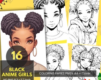 Black Anime Girls Coloring Book: A4 Pages (Digital Download)