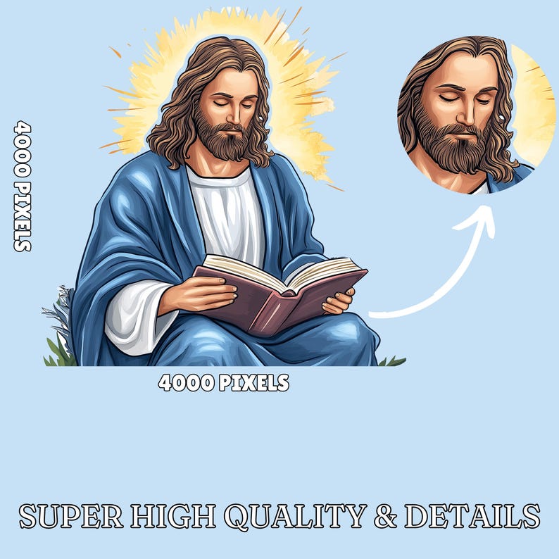May include: A digital illustration of Jesus reading a book. He is wearing a blue robe and has a halo of light around his head. The image is 4000 pixels wide and 4000 pixels tall.