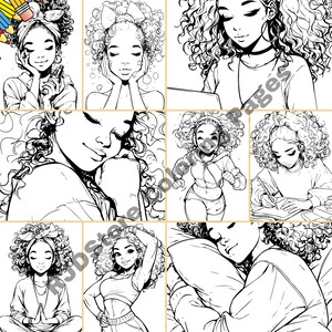 Peut inclure: Une page de coloriage num&eacute;rique pr&eacute;sentant une collection de neuf illustrations en noir et blanc de femmes aux cheveux boucl&eacute;s. Chaque illustration repr&eacute;sente une pose et une activit&eacute; diff&eacute;rentes, comme &eacute;couter de la musique, dormir et &eacute;crire dans un journal.