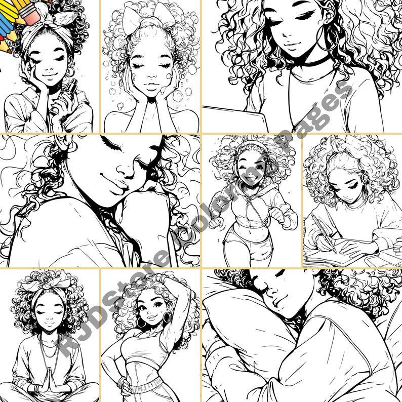 Peut inclure: Une page de coloriage num&eacute;rique pr&eacute;sentant une collection de neuf illustrations en noir et blanc de femmes aux cheveux boucl&eacute;s. Chaque illustration repr&eacute;sente une pose et une activit&eacute; diff&eacute;rentes, comme &eacute;couter de la musique, dormir et &eacute;crire dans un journal.