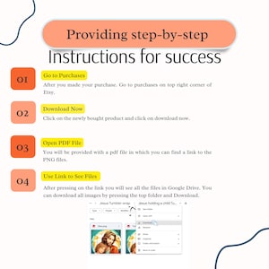 May include: A step-by-step guide on how to download digital products purchased on Etsy. The guide includes four steps: Go to Purchases, Download Now, Open PDF File, and Use Link to See Files. A screenshot of a Google Drive folder with a file named "Jesus Tumbler wrap" is shown.