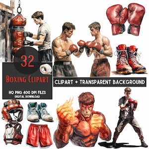 32 Boxeo Png / Paquete de imágenes prediseñadas / Imágenes prediseñadas de acuarela / Cliparts de lucha / Equipo de boxeo / Equipo de entrenamiento / Uso personal
