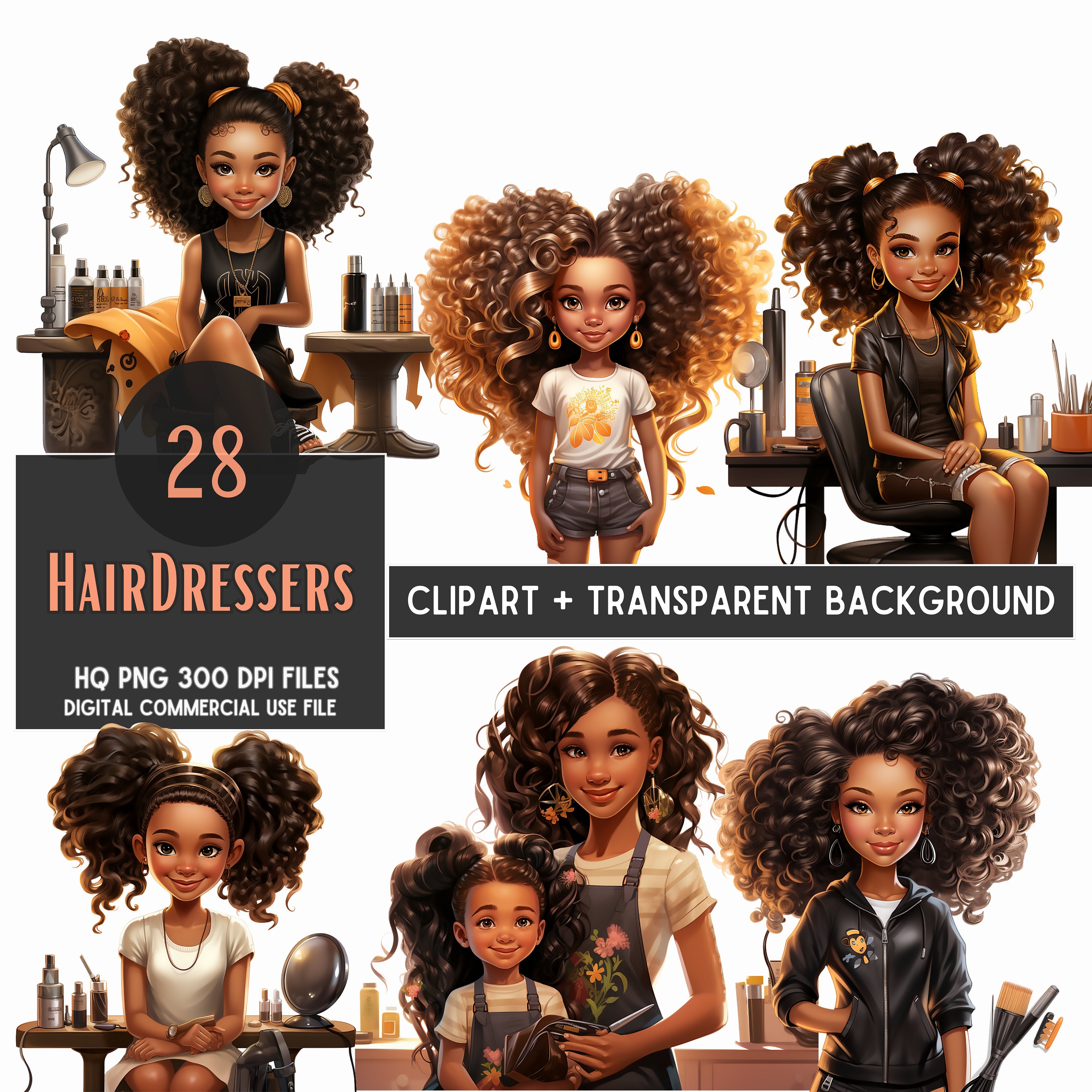 Paquete de imágenes prediseñadas de peluquero negro: archivos PNG de acuarela (uso comercial)