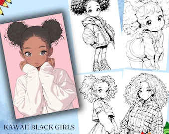 58 Kawaii Black Girls Coloring Pages (PDF & PNG Digital Download)