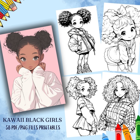 58 Kawaii Black Girls Coloring Pages (PDF & PNG Digital Download)