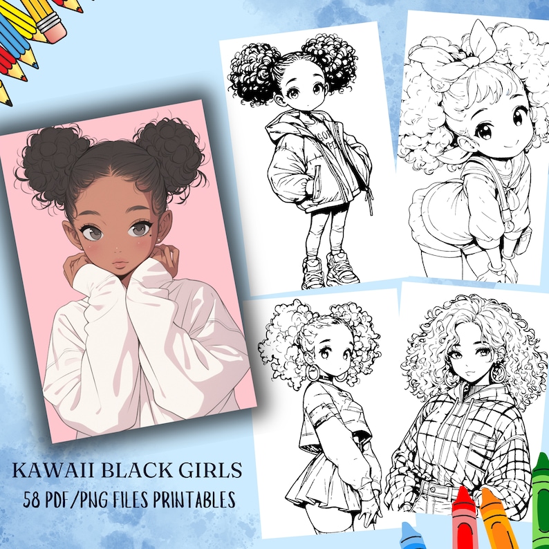 58 Kawaii Black Girls Coloring Pages (PDF & PNG Digital Download) image 1