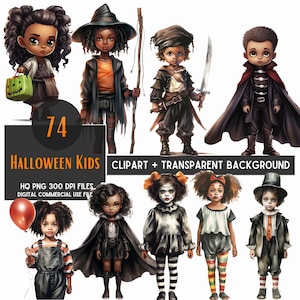74 zwarte kinderen Halloween png, zwarte jongens, zwarte meisjes, halloweenkostuum, leuke bundel, png-bestanden, aquarel Cliparts, commercieel gebruik,
