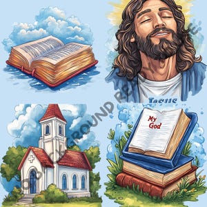 May include: A digital illustration of a church building with a red roof and white walls, a bible with the words "My God" on the cover, and a depiction of Jesus with his eyes closed and a halo.