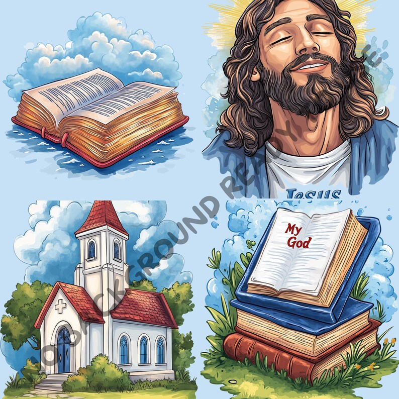 May include: A digital illustration of a church building with a red roof and white walls, a bible with the words "My God" on the cover, and a depiction of Jesus with his eyes closed and a halo.