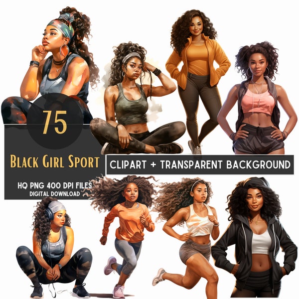 Black Sport Girl PNG Clipart Bundle: Watercolor Fitness Illustrations (Digital Download)