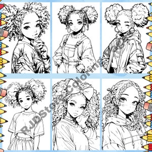 May include: Six black and white line drawings of women with different hairstyles and outfits. Each woman has curly hair and is drawn in an anime style.