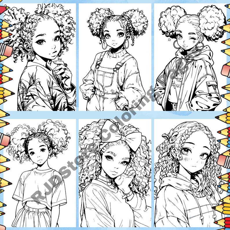 May include: Six black and white line drawings of women with different hairstyles and outfits. Each woman has curly hair and is drawn in an anime style.