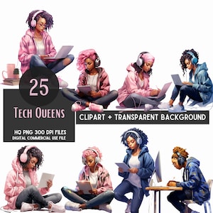 26 Mädchen in Tech, Schwarzes Mädchen png, Mädchen in Tech, Mädchen Tech, Afroamerikaner, Pink und Blau, kommerzielle Nutzung, 300 DPI, transparenter Hintergrund