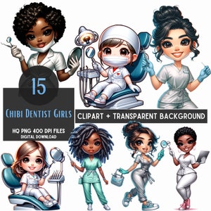 Cute Dentist Png, Chibi Clipart Bundle, Pliki Png, Dental Png, Pobieranie cyfrowe, Wysoka jakość