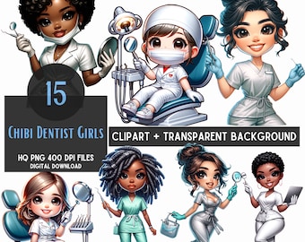 Chibi Dentist Girls Clipart Bundle: Dental PNG Files (Digital Download)