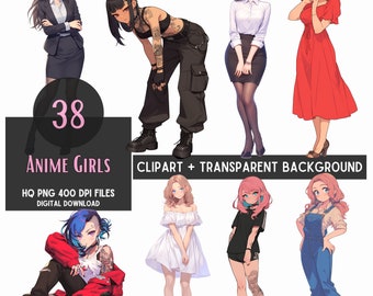 Anime Girl Clipart Bundle, Transparent PNG Files (Digital Download)