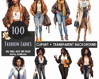 Black Girl Fashion Clipart: PNG Graphics (Digital Download)