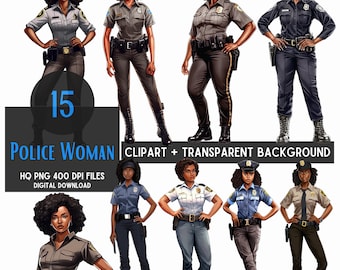Black Woman Police Officer Clipart: 300 DPI PNG, Transparent Background