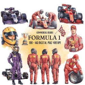 100 Formula One Png, F1 cliparts, Racing Car, Png Files, Clipart Bundle, Watercolor, Commercial Use
