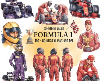 Formula 1 Watercolor Clipart Bundle: Racing Car PNG Files (Commercial Use)