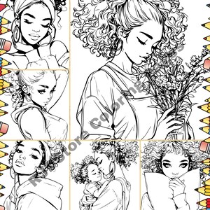 Peut inclure: Un ensemble de six dessins au trait en noir et blanc repr&eacute;sentant des femmes aux cheveux boucl&eacute;s. Les femmes sont repr&eacute;sent&eacute;es dans diverses poses, notamment en tenant des fleurs, en tenant un b&eacute;b&eacute; et en regardant un oreiller.