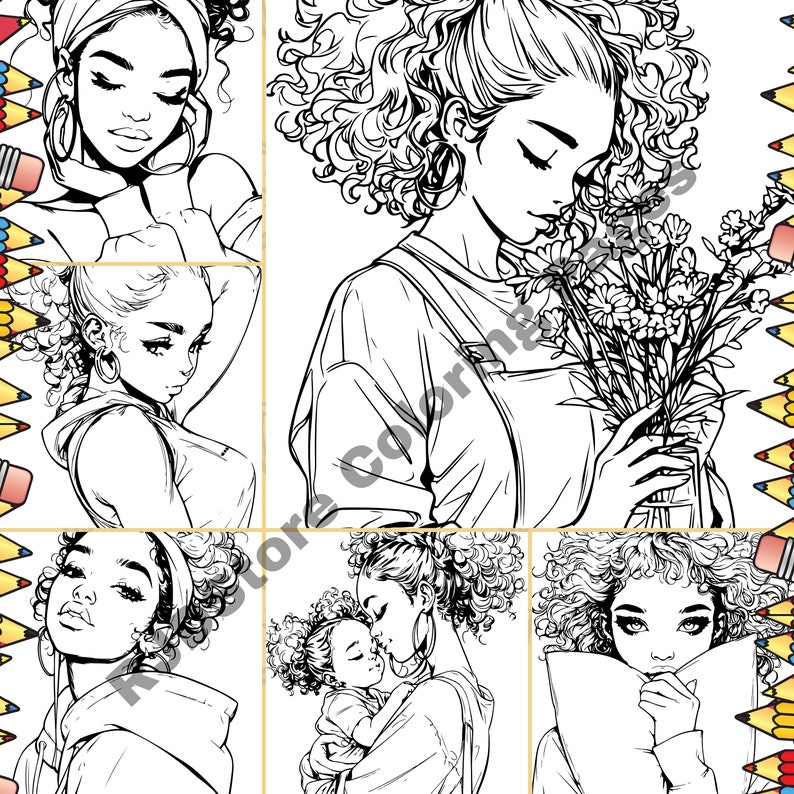 Peut inclure: Un ensemble de six dessins au trait en noir et blanc repr&eacute;sentant des femmes aux cheveux boucl&eacute;s. Les femmes sont repr&eacute;sent&eacute;es dans diverses poses, notamment en tenant des fleurs, en tenant un b&eacute;b&eacute; et en regardant un oreiller.
